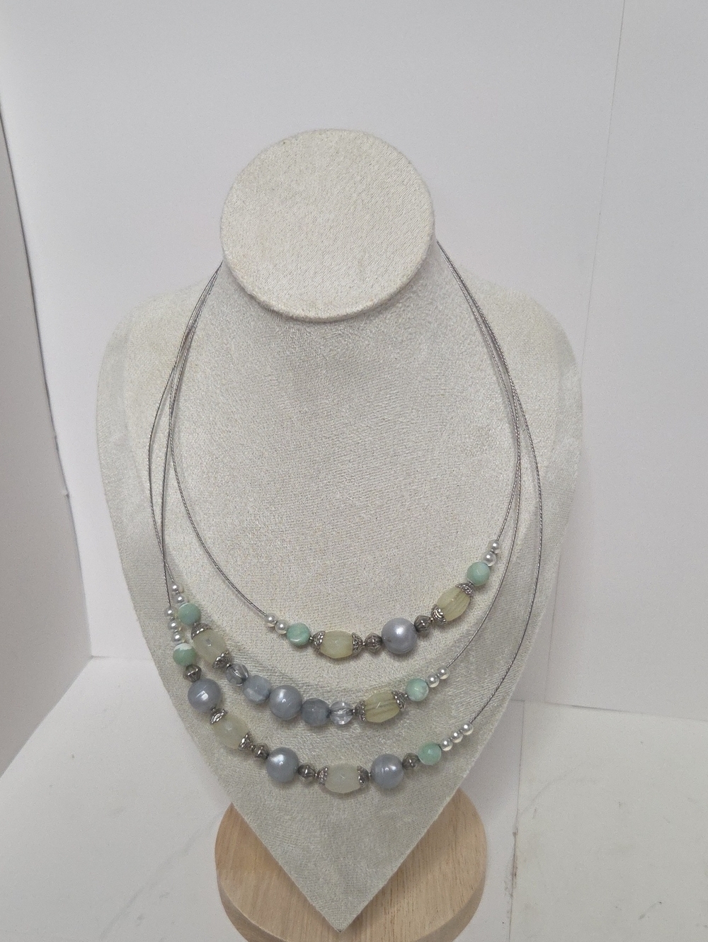 Hand Crafted Three-Strand Beaded Necklace - Silver, Mint, Pale Yellow